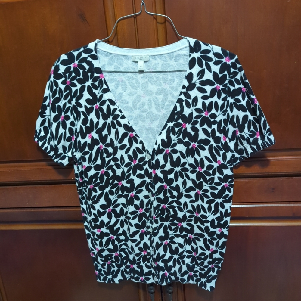 📌SALE $10📌Talbots Womens Short Slee Button Front Black/White/Pink Knit Sweater
